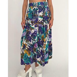 90s vintage colorful floral botanical print flared pleated maxi skirt pockets